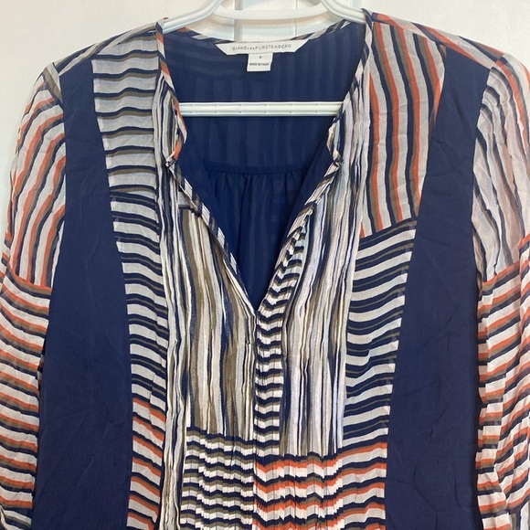 Diane von Furstenberg | Striped and Patterned Long Sleeve Dress- Blue&Red - US8 - Picture 4 of 10